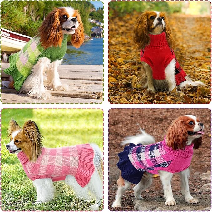 Dog Sweater Dress Plaid Knitwear for Small Medium Dogs Warm Puppy Pet Turtleneck Stretch Pullover Cute Fall Winter Vest Clothes with Leash Hole for Christmas (Navy, XS)