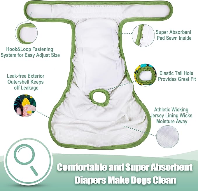 wegreeco Female Dog Diapers, Washable Reusable Pet Puppy Doggie Diapers for Small Medium Large Female Dogs in Heat Period, Doggy Period Panties XX-Large, Leaf