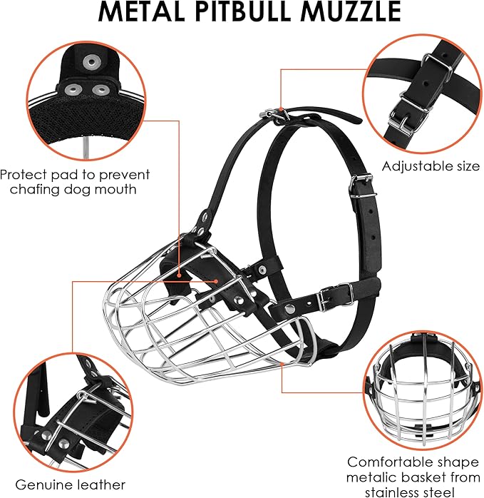 Pitbull Dog Muzzle Metal Mask Amstaff Secure Wire Basket Adjustable Durable Leather Straps for Large Dogs (Steel)