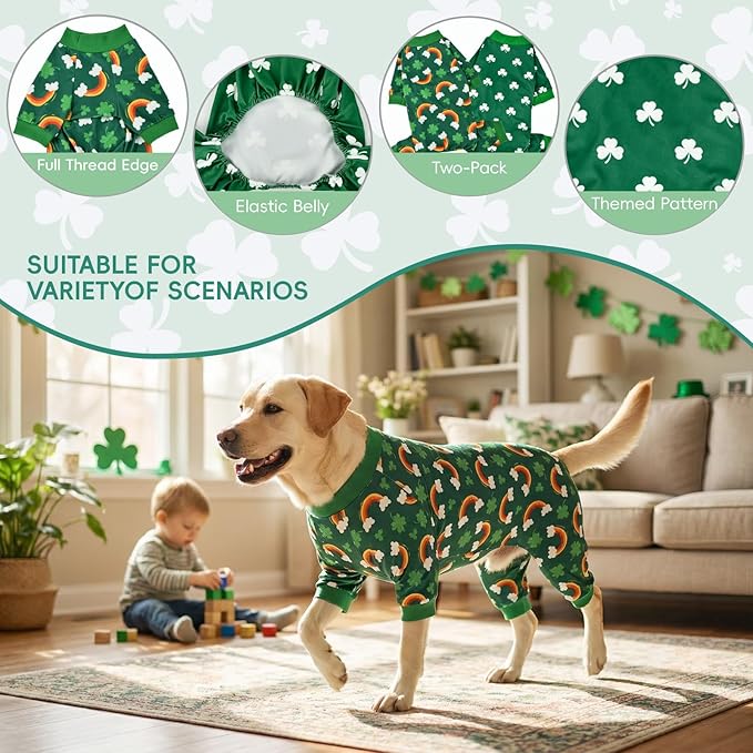 Vehomy 2-Pack St.Patrick's Day Dog Pajamas Clover Rainbow Pet Jumpsuits Puppy Pjs Lucky Shamrock Dog Onesie St Patricks Dog Jammies Costume Outfit Clothes for Small Medium Large Dogs 3XL