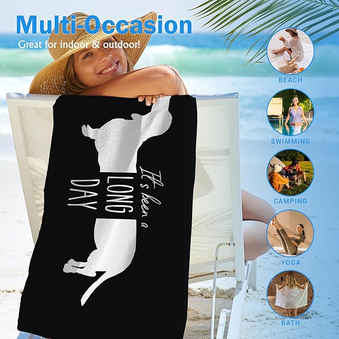 Black Dachshund Dog Beach Towel Gifts for Dog Lovers Owner, Funny It's Been A Long Day Microfiber Quick Dry Travel Sand Free Beach Towels Oversized Decor for Bathroom Swimming Pool 30x60 Inch
