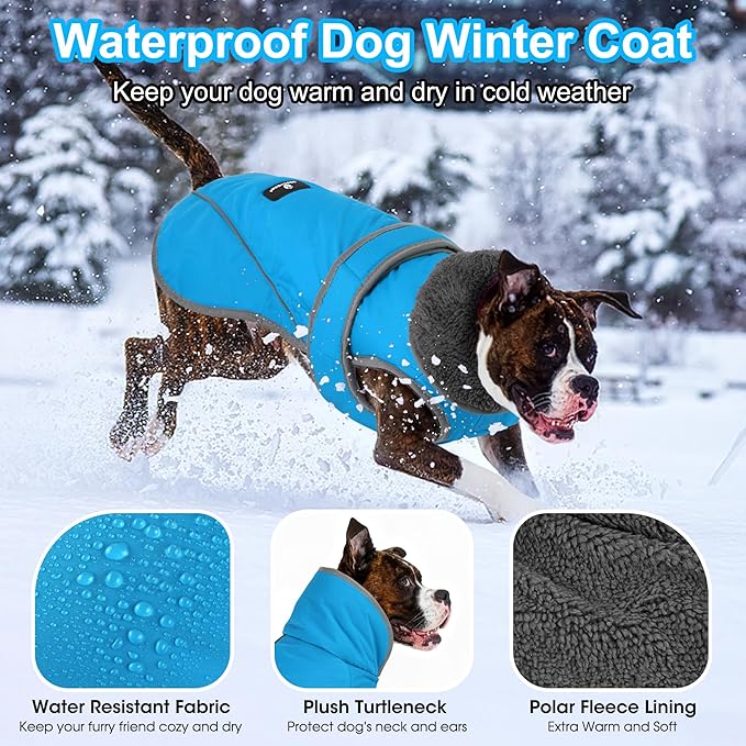 Dogcheer Dog Coat, Waterproof Dog Jacket Reflective Pet Winter Coat with Adjustable Hook & Loop, Christmas Puppy Fleece Jacket Warm Turtleneck Snowsuit for Small Medium Large Dogs - Sky Blue, L