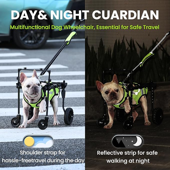 Dog Wheelchair for Back Legs, for All Breed Dog - Includes High-Visibility Vest, Leash & Sling Lift, for Arthritis, Paralyzed, Injured, or Disabled Dogs (4Wheels-S, for Small Breed Dog)