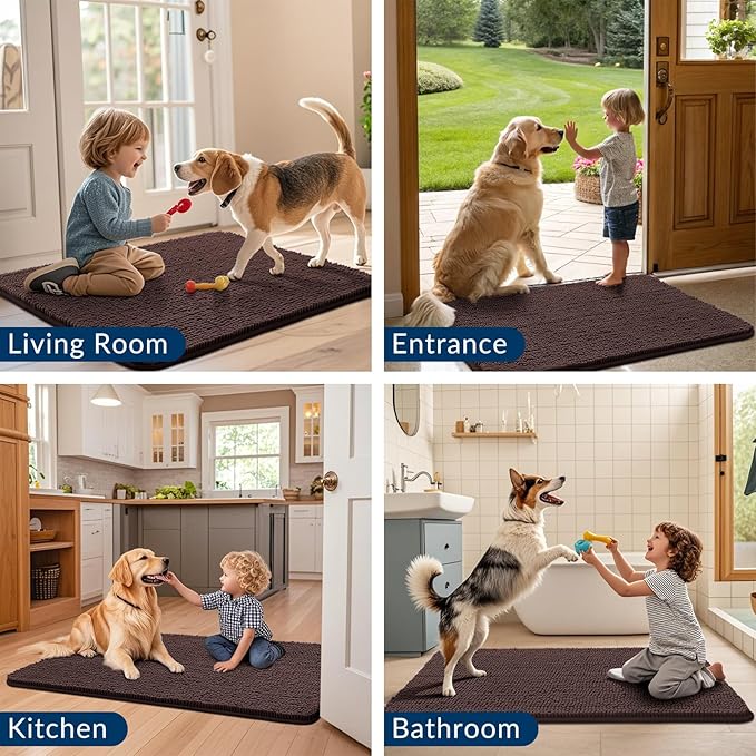 Smiry Dog Door Mat for Muddy Paws 70x32, Absorbs Moisture and Dirt Doormat, Non-Slip Washable Quick Dry Chenille Front Door Mat Indoor Entrance, Entryway Carpet for Inside Floor, Brown