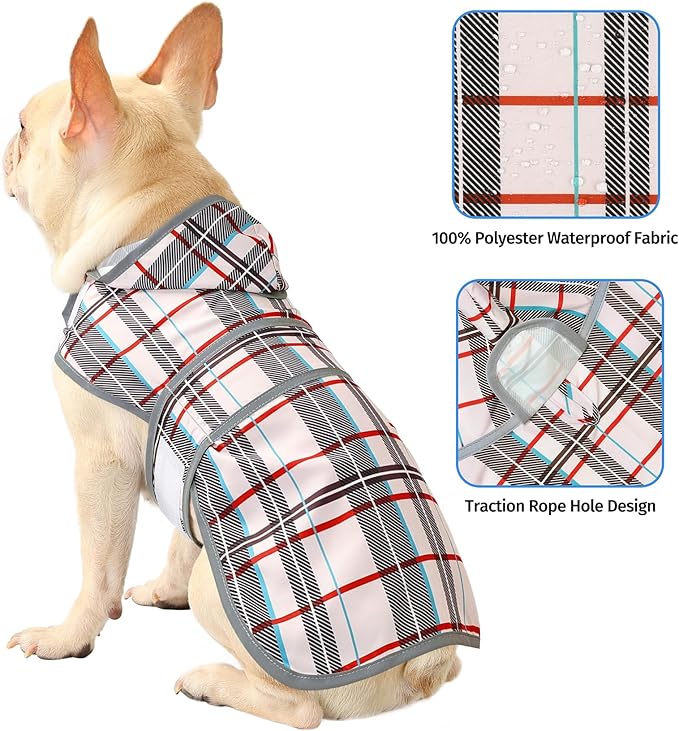 Dog Raincoat for Medium Dogs Waterproof Jacket Hooded Rain Coats with Reflective Strips Leash Hole & Poncho Adjustable Fit (Plaid,M)