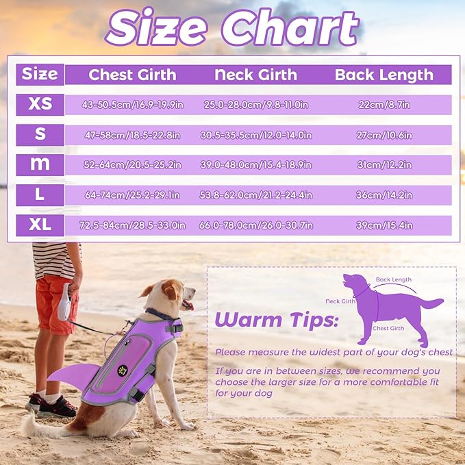 Dog Life Jacket, High Buoyancy Shark Dog Safety Vest, Neoprene Pet Life Preserver with Good Visibility & Reflective, Puppy Swim Floating Vest with Rescue Handle for Boating (Lilac, Small)