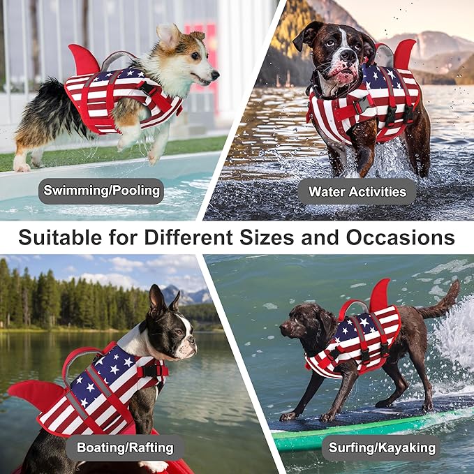Dogcheer Harness-Style Dog Life Jacket Shark, Reflective American Flag Dog Life Vest for Swimming Boating, High Buoyancy Pet Swim Vest for Small Medium Large Dogs - USA Flag, XS