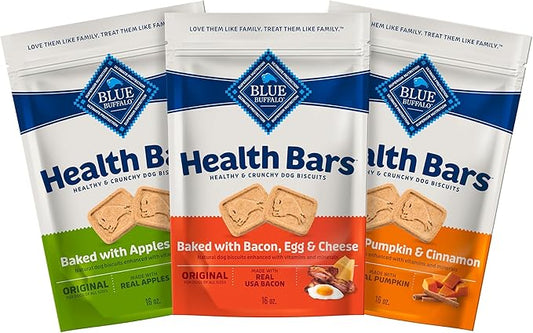 Blue Buffalo Health Bars Crunchy Dog Biscuits, Variety Pack, Bacon, Egg & Cheese, Apple & Yogurt, Pumpkin & Cinnamon, 16-oz Bags
