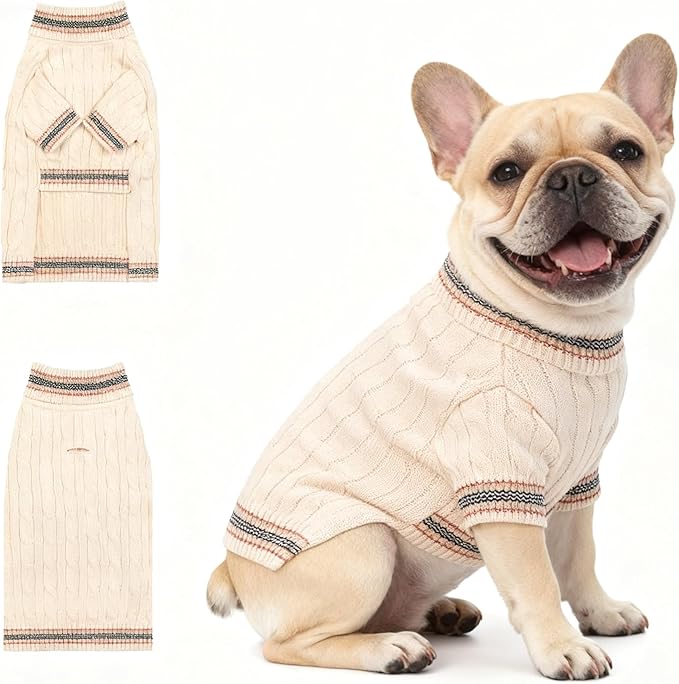 Small/Medium Dog Sweater, Warm Dog Winter Coat w/Sleeves, Comfortable High Neck & Leash Hole, Premium Dog Clothes for Bulldog-Best for Holidays, Daily Walks L White