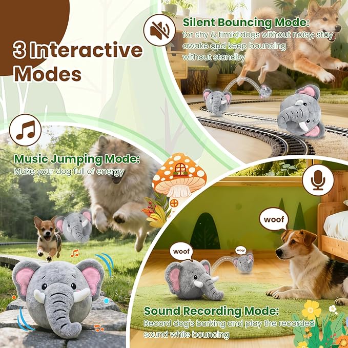 Interactive Dog Toys, Self Moving Dog Toy to Keep Them Busy, Electronic Vibrating Dogs Toy/Squeaky Bouncing Ball for Small Medium Large Dogs with Jumping Music Talking Mode (Elephant)