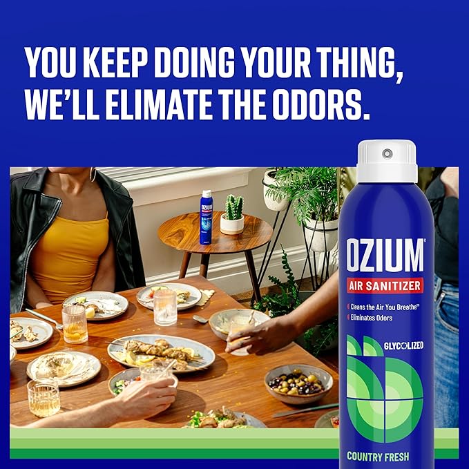 Ozium Air Sanitizer Spray - Room Odor Eliminator for Home, Car, and Office - Country Fresh Air Cleaner - 8 oz Can - 2 Pack