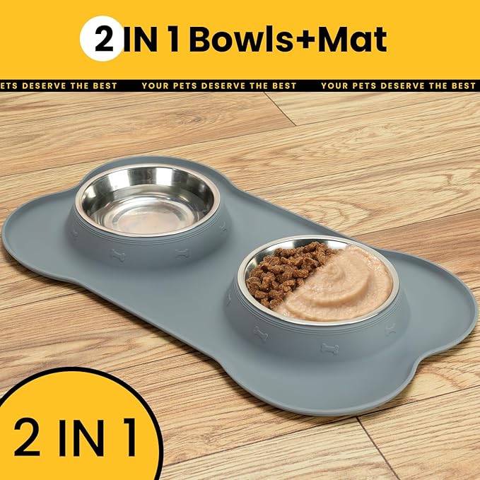 Medium Pet Feeding Station, 29oz Stainless Steel Dog Bowls Set, No Spill Food & Water Dishes with Non Slip Silicone Mat for Breeds Up to 55 Lbs, Grey