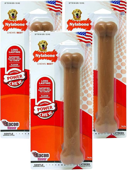 Nylabone 3 Pack of Power Chew Toys, Giant, Bacon Flavor Bones for Dogs Up to 50 Pounds, Made in the USA