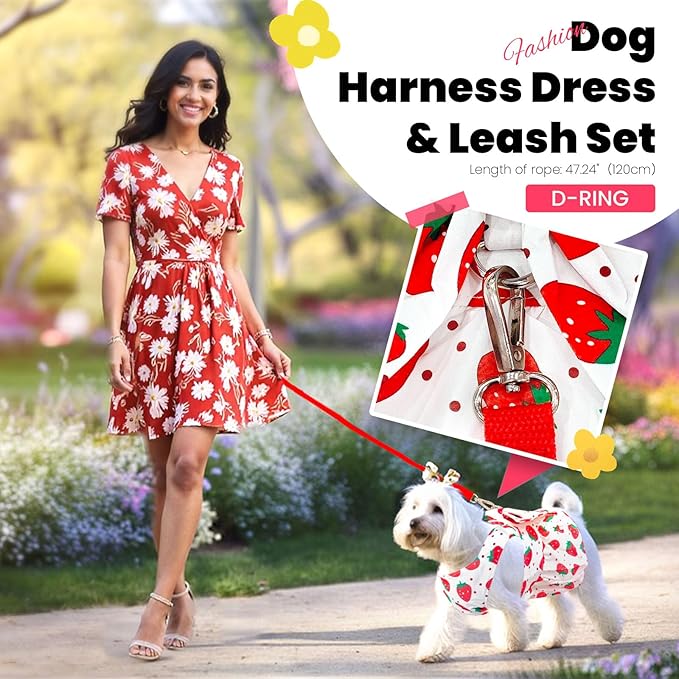 Cute Dog Dress Small Dog Clothes for Girls Female Puppy Outfits Red Strawberry Pet Summer Clothes Bowknot Doggy Cat Princess Dresses Harness for Holiday Birthday Party Costume Clothing (Red,S)