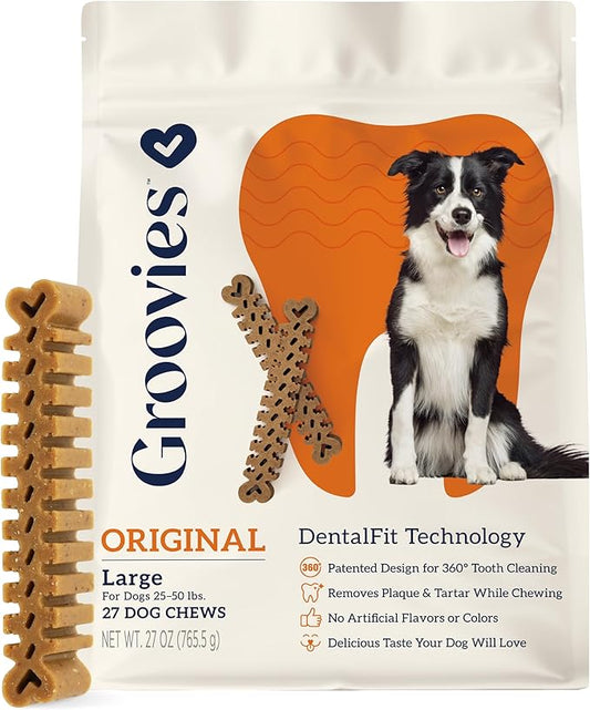 Groovies Flexible Dog Dental Chews with Patented DentalFit Technology to Help Support Tartar Control & Fresh Breath, Large Dog Chews for 25-50 lb Dogs, USA Manufactured Oral Care, 27 Chews