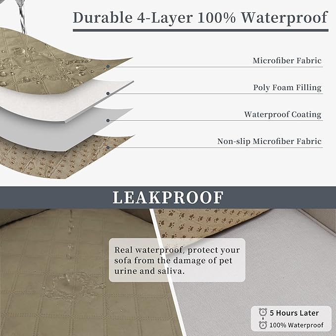 Easy-Going Waterproof Sectional Couch Covers with Chaise 2-Piece Non Slip L Shape Sofa Cover for Dogs Leakproof Furniture Protector Cover with Adjustable Strap for Pets (Small, Beige)