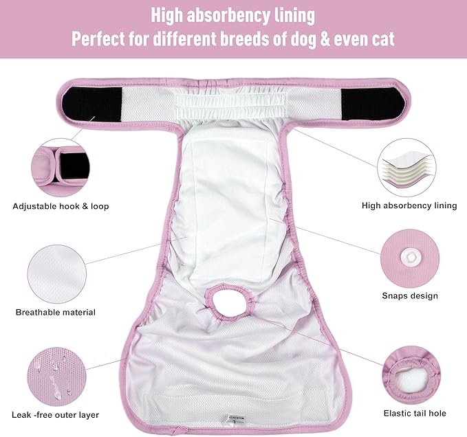 5 Pack Washable Female Dog Diapers,Reusable Diaper for Doggie,Highly Absorbent Dog Diaper,Adjustable Leakproof Puppy Diapers Skirt for Heat,Incontinence,Period Doggy Nappies