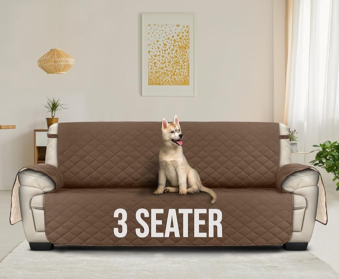 Utopia Bedding Reversible Sofa Couch Cover, Water Resistant Slipcover Furniture Protector with Foam Sticks and Elastic Straps for Kids Dogs Pets (3 Seater, Brown/Beige)