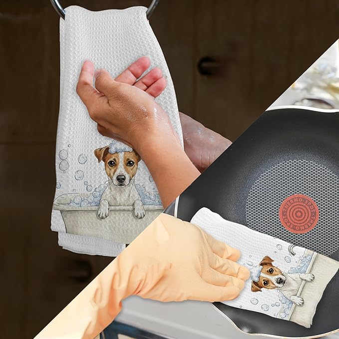 Funny Jack Russell Terrier Gifts Hand Towels for Bathroom, Dog Dish Tea Towels, Funny Jack Russell Terrier Dog in Bathtub Hand Towel for Toilet Kitchen Restroom Decor, 16x24 Inch