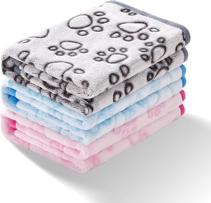 Stuffed 3pcs Colorful Soft Dog Blankets for Small Dogs Kittens, Washable Cat Blanket for Puppy Boys Gilrs, Dog Owner Gifts, 16 * 24 inches Grey Pink Blue Paw Print