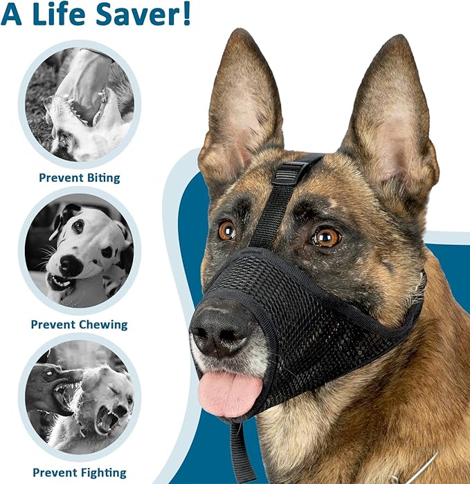 LUCKYPAW Dog Muzzle, Mesh Muzzle for Large Medium Small Dogs, Soft Mouth Guard to Prevent Biting Chewing with Adjustable Head Strap, Perfect for Vet Visit(Black, S)