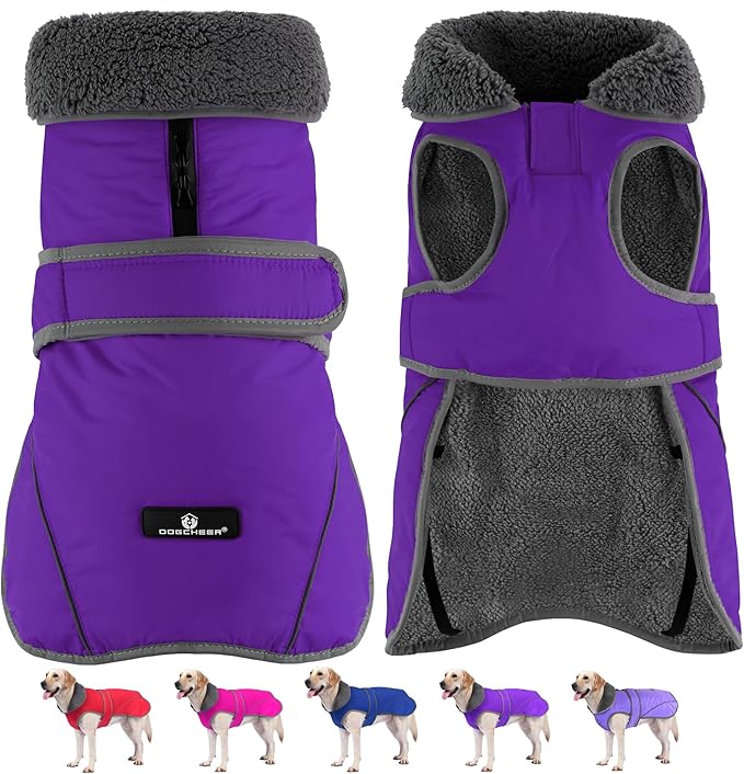Dogcheer Dog Coat, Waterproof Dog Jacket Reflective Pet Winter Coat with Adjustable Hook & Loop, Christmas Puppy Fleece Jacket Warm Turtleneck Snowsuit for Small Medium Large Dogs - Purple, XL