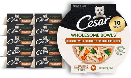 Cesar Wholesome Bowls Adult Wet Dog Food, Chicken, Sweet Potato & Green Beans Recipe, Wet Food for Dogs, 3 Oz. Bowls, 10 Count