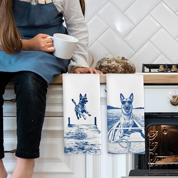 Lake House Decor Belgian Malinois Kitchen Towels Set of 2, Summer Funny Lake Dog Coastal Bathroom Hand Towel, Dog Lover Gifts Tea Towel Dish Towels 16x24 Inch