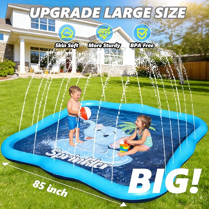 Splash Pad Sprinkler for Kids & Dog, 85" Thickened Square Splash Pad for Toddler 1-3, Elephant Outdoor Water Toy Play Mat for Children,Backyard Inflatable Sprinkler Shallow Pool Fountain Pad
