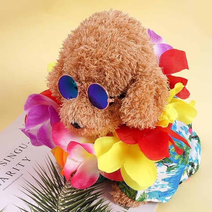 3 Pieces Pet Hawaiian Costume Summer Shirts Sunglasses and Wreath for Small Dog Cat Halloween Holiday Costume