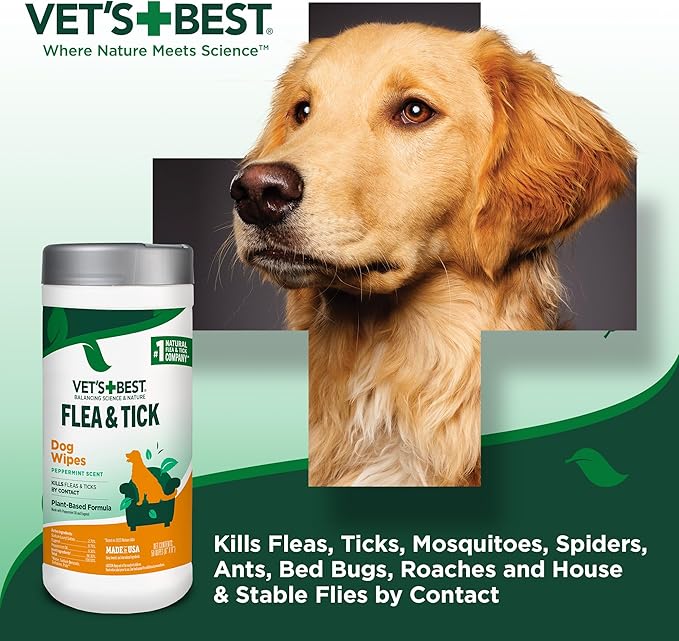 Vet's Best Natural Flea and Tick Wipes for Dogs – Natural Plant-Based Wipes for Flea and Tick Prevention – Certified Essential Oils – Pest Control for Kennels and Home Use – Made in USA – 50 Count