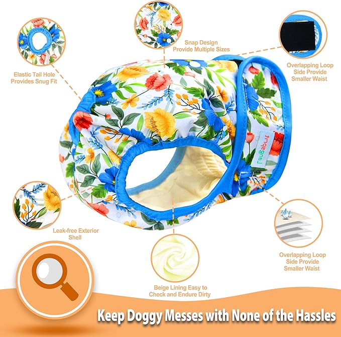 Langsprit Washable Female Dog Diapers (3 Pack) - No Leak Reusable Diapers for Doggy Female in Period - Highly Absorbent Dog Heat Panties with Adjustable Snaps (Floral, XX-Large)