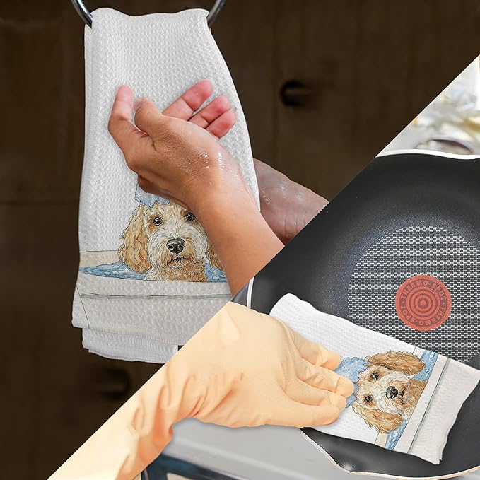 Funny Goldendoodle Dog Gifts Bathroom Hand Towels, Goldendoodle Dogs Dish Tea Towels, Cute Golden Doodle Dog in Bathtub Hand Towel for Toilet Kitchen Restroom Decor, 16x24 Inch