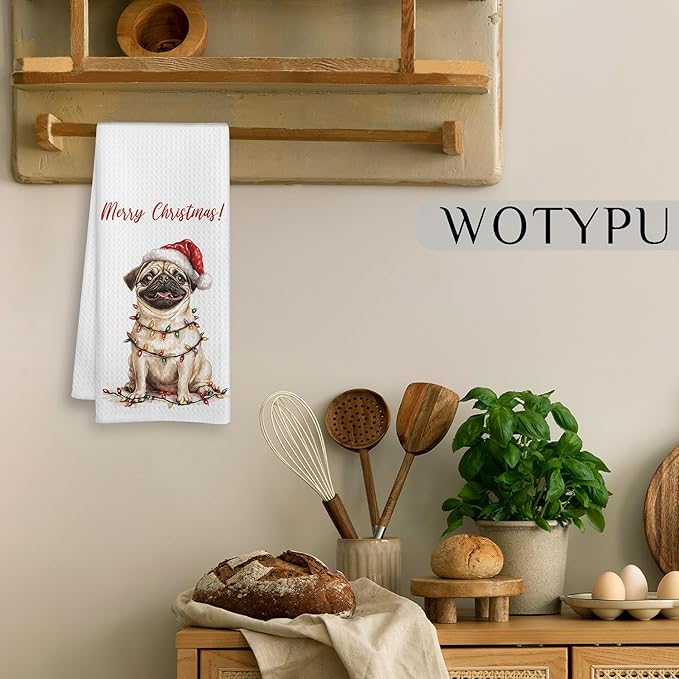 Pug Christmas Kitchen Towels, Pug Gifts for Women Men Dish Tea Towels, Dog Lover Gifts Decorative Hand Towel for Bathroom, Christmas Bathroom Decor, 16X24 Inch