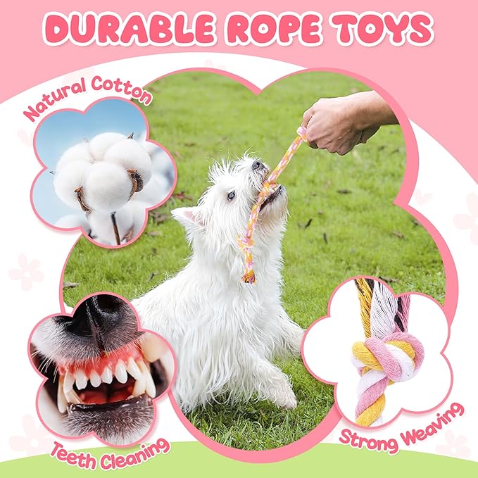 Zeaxuie Pink Puppy Toys for Teething - 9 Pack Small Dog Set With Chew, Squeaky Crinkle, Treat Ball and Interactive Rope for Puppies