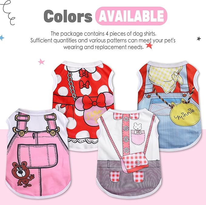 4 Pack Mesh Dog Shirts for Small Dogs: Stretchy Dog Clothes with Cute Patterns, Size XXS-XL Fit for 2-16lb Dogs Pet T-Shirts, Girl & Boy Puppy Clothes for Spring Summer (Pink Set, Large)