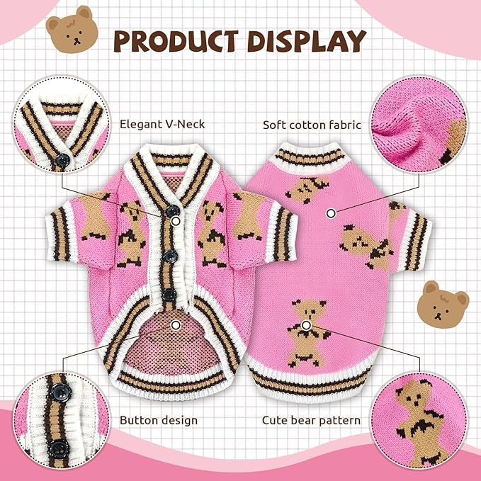 Small Dog Sweaters Cute Bear Knitted Dog Cardigans Clothes for Small Medium Dogs Soft Pet Puppy Cat Knitting Outfits Fall Winter Warm Boy Girl Dogs Knitwear Coat Apparel(Pink, X-Large)