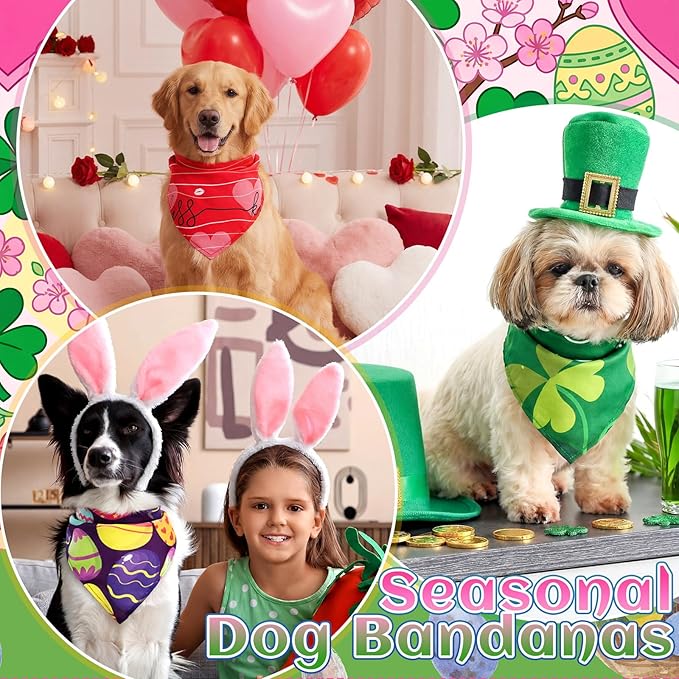 100 Pcs Easter Seasonal Dog Bandanas Easter Valentines Day St. Patrick's Day Theme Pet Bandanas Bulk Holiday Triangle Pet Bibs Scarf for Medium Large Dog Spring Festival Costume Decor