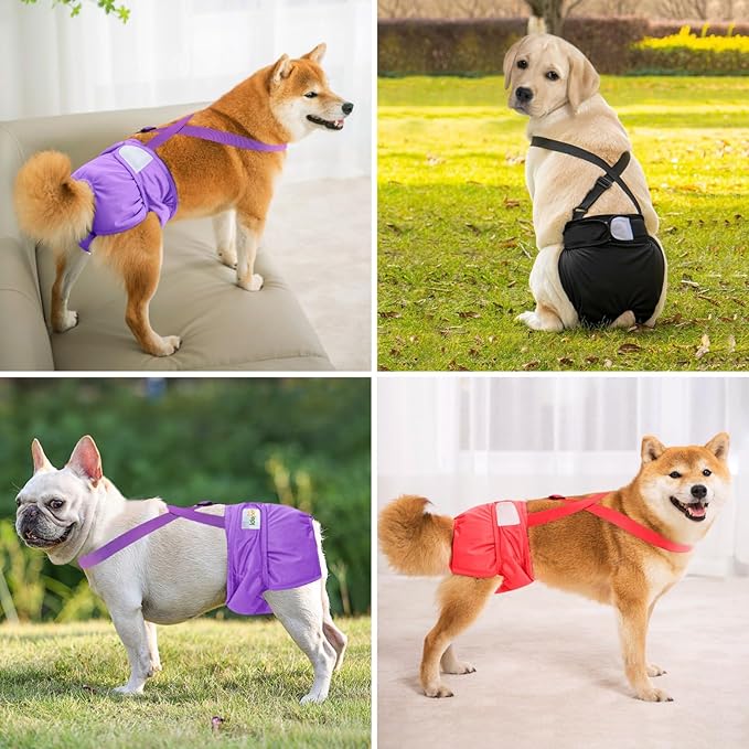 Idepet Female Dog Diapers with Suspender 3 Pack Washable Reusable Doggie Diapers for Small Medium Female Dog in Heat Period Cycle Urinary Incontinence Training, Black+Red+Purple XS