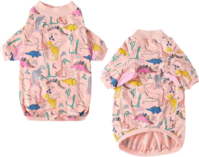 Dog T Shirts Cotton Dinosaur Pattern Prints Shirt Pajamas Pets Breathable Stretchy Apparel Clothes for Small Dogs (S,Pink Dinosaur)