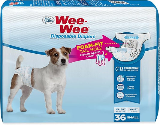 Four Paws Wee-Wee Super Absorbent Disposable Adjustable Dog Potty Training Diapers, Leak-Proof Protection for Dogs, Size Small, 12" - 15" Waist, 36 Count