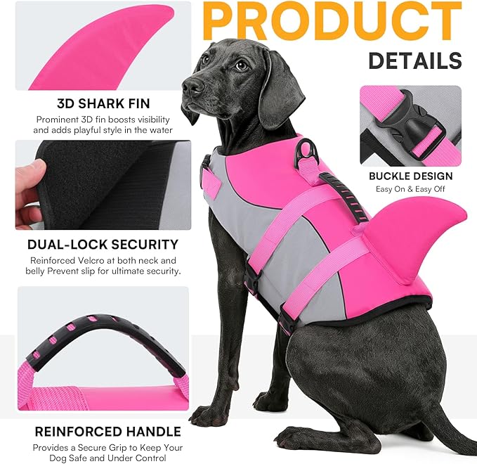 Queenmore Dog Life Jacket Ripstop Shark Dog Safety Vest Adjustable Preserver with High Buoyancy and Durable Rescue Handle for Small,Medium,Large Dogs, Pink Shark Small
