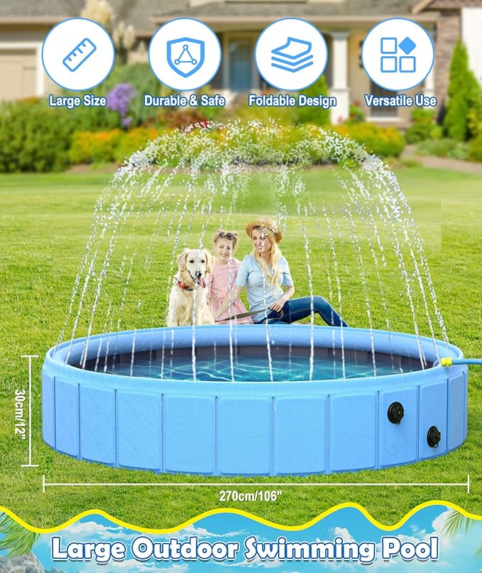 EPN Large Foldable Dog Pool – 0.55MM PVC 2-in-1 Portable Bathtub & Sprinkler for Dogs, Cats, Kids – Heavy Duty, Non-Slip, Summer Water Toy (106 in)