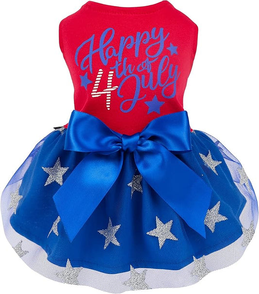 Fitwarm Happy 4th of July Dog Tulle Dress, Patriotic Dog Clothes for Small Dogs Girl, Red and White Star Pet Outfit, Red, Royal Blue, Small