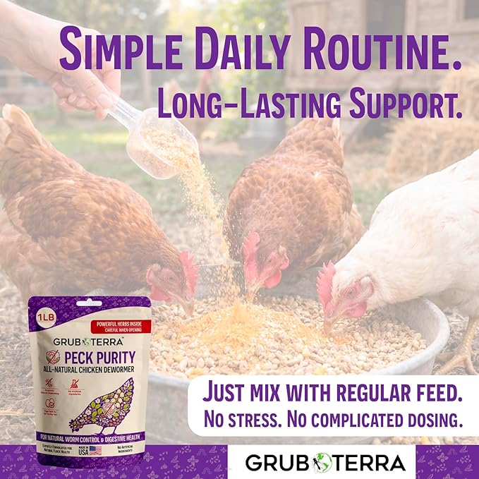PeckPurity Natural Chicken Herbal Supplement Dewormer – Daily Gut Support with Diatomaceous Earth & Yucca Extract – for Hens, Chicks & Wild Birds – Plant-Based Digestive Health Blend – USA (1 LB)