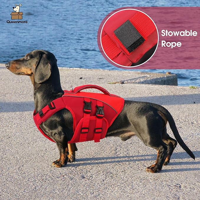 Queenmore Medium Dog Life Jacket, Red, Ripstop Dog Lifesaver with Rescue Handle, Dog Swimming Vest
