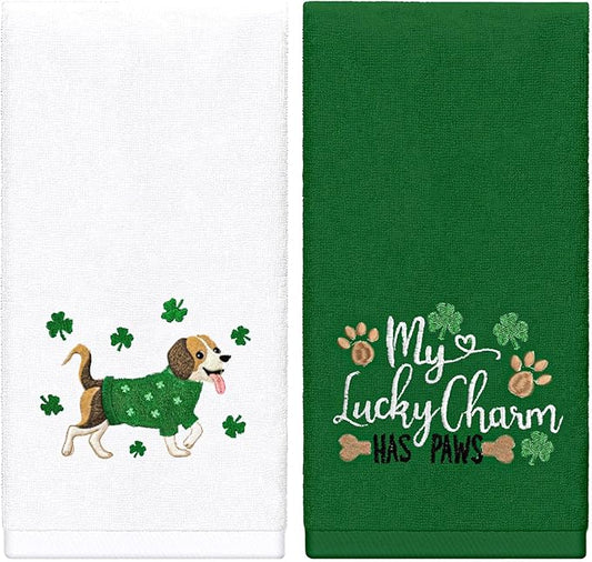 Whaline St. Patrick's Day Hand Towels Embroidered Cotton Bathroom Towel Dog Shamrock Clover Absorbent Bath Towel for Kitchen Dish Drying Cleaning Cooking, 29.5 x 13.7 Inch, 2Pcs