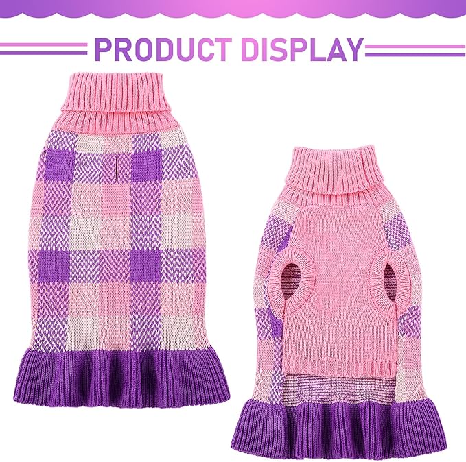 Dog Sweater Dress Plaid Knitwear for Small Medium Dogs Warm Puppy Pet Turtleneck Stretch Pullover Cute Fall Winter Vest Clothes with Leash Hole for Christmas (Purple, S)