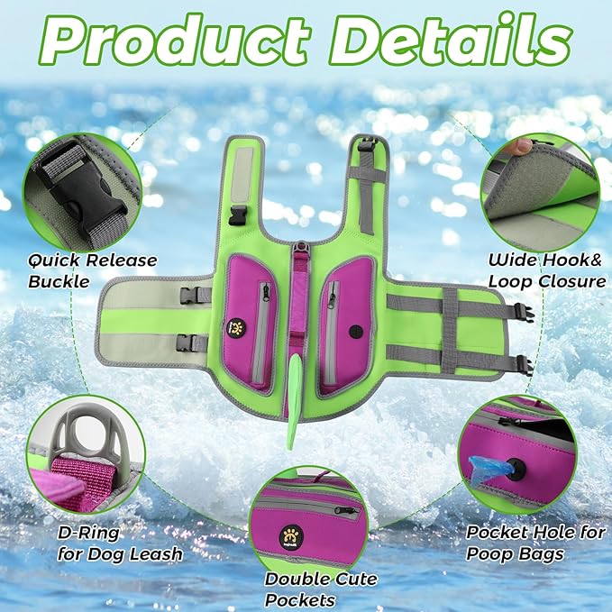 Dog Life Jacket, High Buoyancy Shark Dog Safety Vest, Neoprene Pet Life Preserver with Good Visibility and Reflective, Puppy Swim Floating Vest with Rescue Handle for Boating (Green, Small)