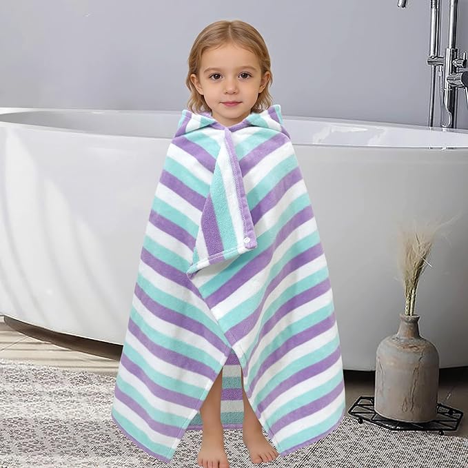 VOOVA & MOVAS Toddler Hooded Bath Towels 0-3T, 25''X40, Soft | Thick | 100% Cotton | Absorbent Towel Wrap for Baby, Perfect for Beach, Pool, Bath, Swimming,Blue Purple Stripe